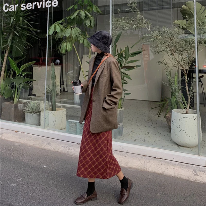 KINOMI осень-зима толстые шерстяные длинные юбки с высокой талией красные клетчатые