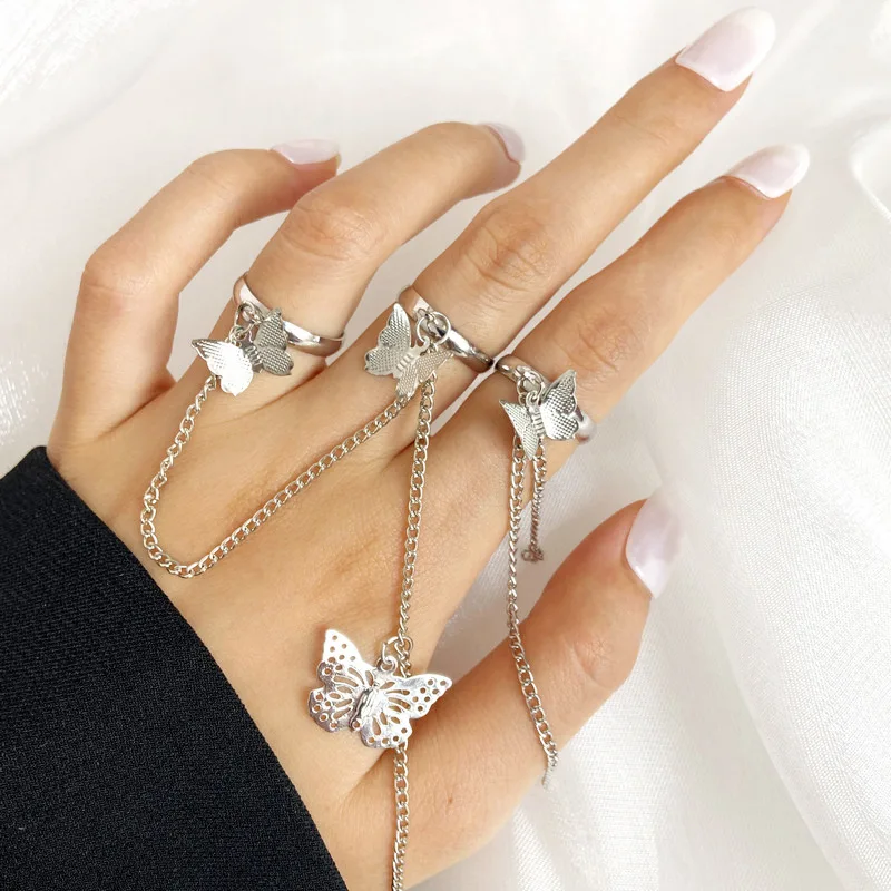 

Creative Personality Chain Combination Rings For Women Punk Fan Open Adjustable Female Conjoined Butterfly Wedding Jewelry
