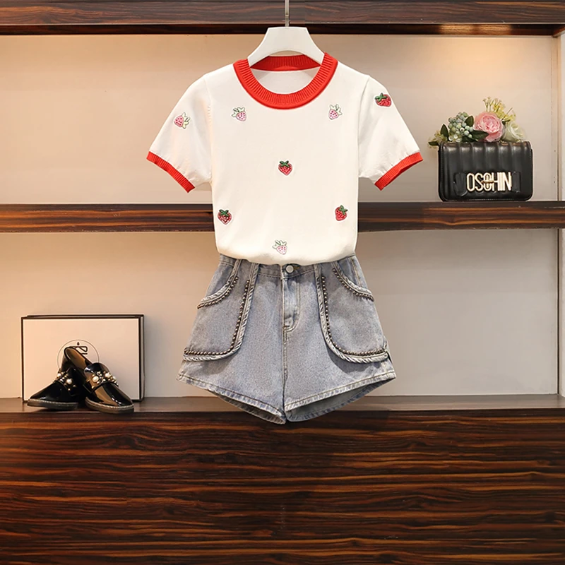 Размера плюс для женщин с вышивкой вязаные топы короткими рукавами тяжелое