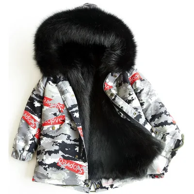 Camo Red Black Пальто с мехом для девочек; куртка с искусственным лисьим мехом; зимняя детская одежда; камуфляжная верхняя одежда для мальчиков и девочек; детское меховое пальто; TZ155 - Цвет: Camo Red Black