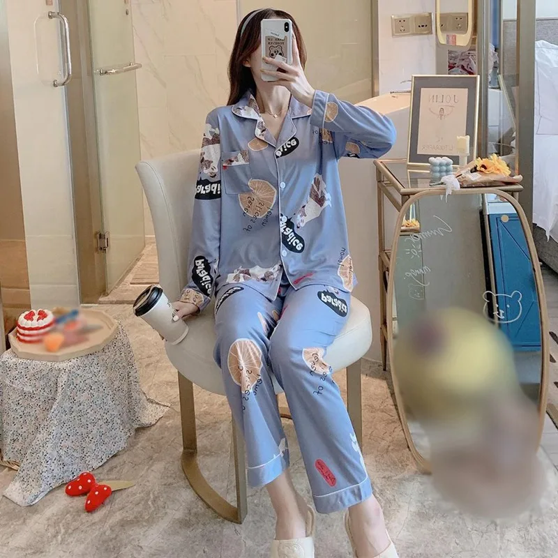 

Pajamas Autumn Long-sleeved Cardigan Lapel Female Two-Piece Home Service