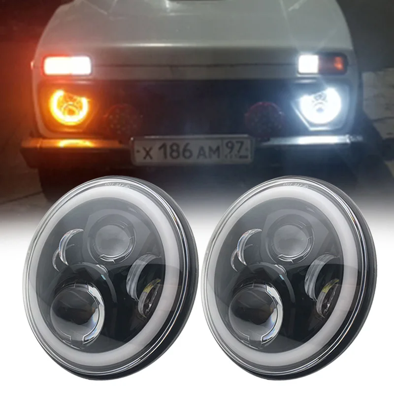 

2pcs 7Inch LED Headlamps with Halo Ring Amber Turn Signal For lada niva 4x4 suzuki samurai 7" DRL Halo Headlights For VAZ 2101