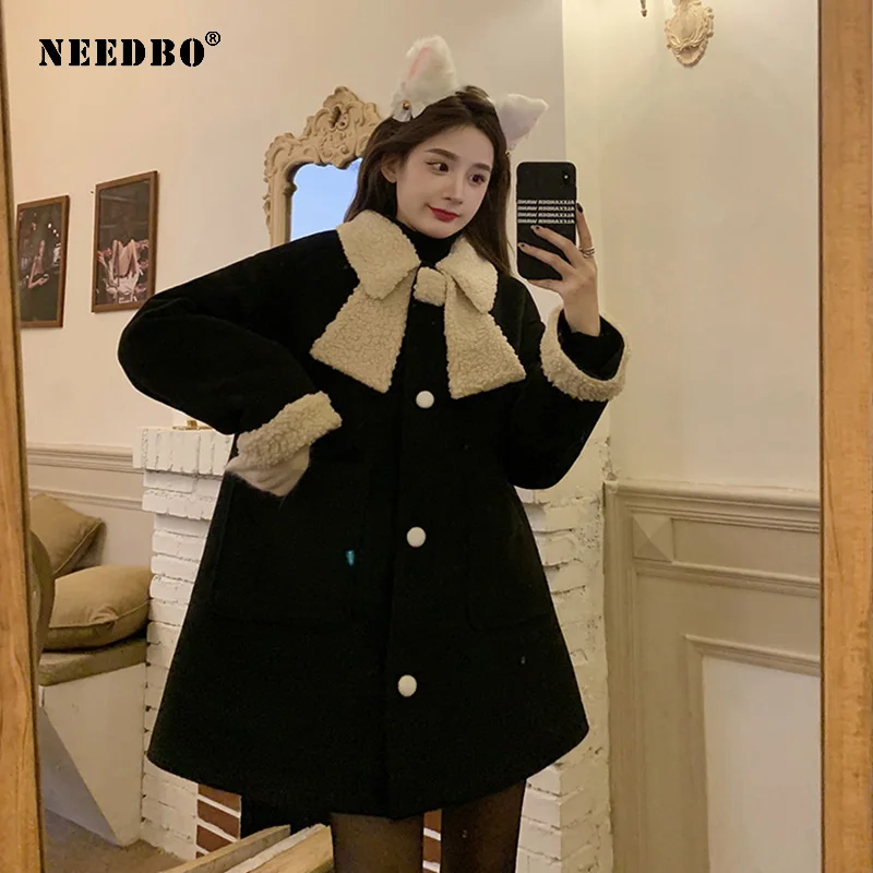 NEEDBO Winter Kawaii Coat Women Patchwork Warm Loose Outwear Thick Overcoat Fashion Woolen Lapel Coat Female Red Coats Tide