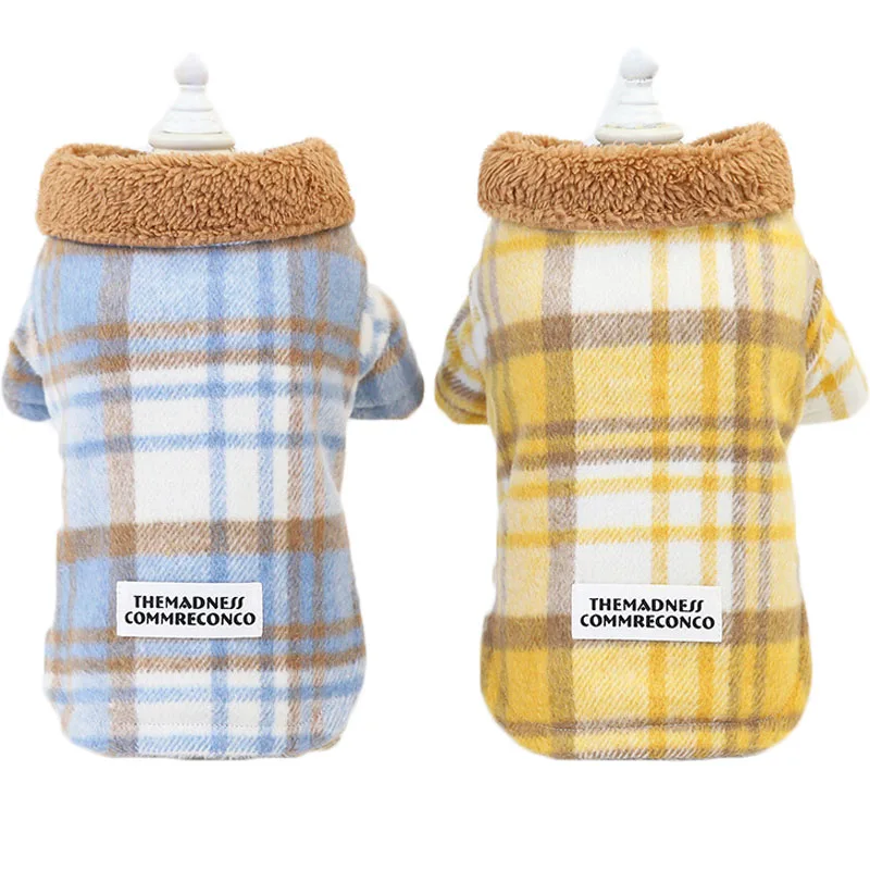 Plaid Dog Winter Clothes Long Sleeve Warm Cat Coat Fleece Lapel Woolen Cloth Pet Outfit Clothing Yellow/Blue Pets Apparel Poodle | Дом и сад