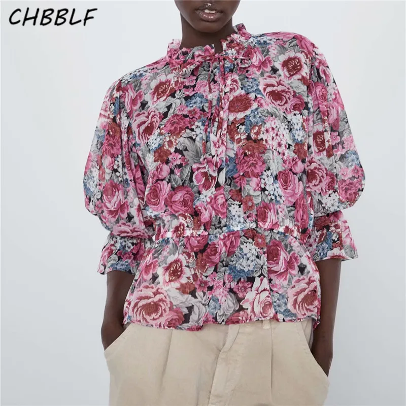 

CHBBLF women stylish floral blouse round collar long sleeve ruffles elastic waist female elegant chiffon pullovers shirt BGB9796