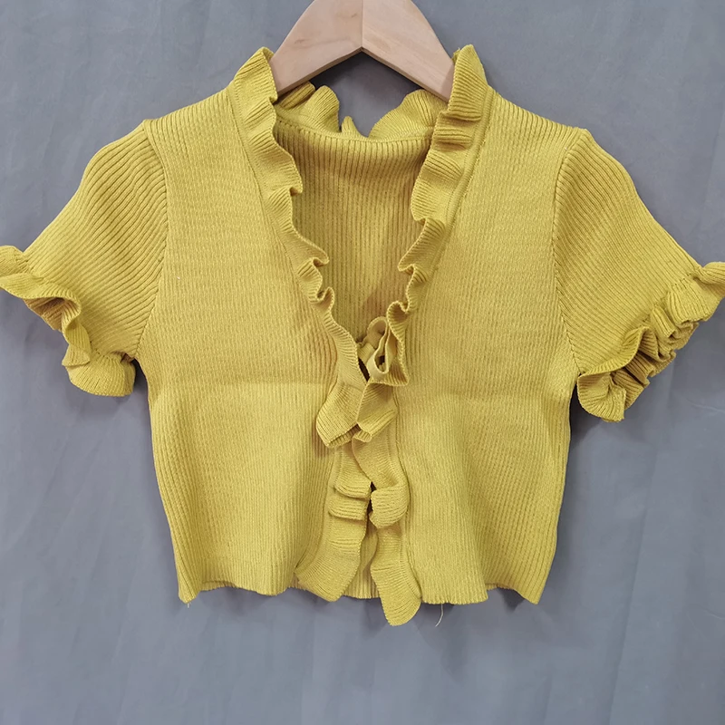 

Girl Fashion Lace Short Cardigan T-shirt Summer Short Sleeve Knitted Tshirt Women Lace Up Tee Top
