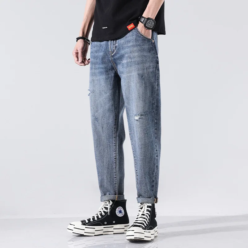 

XY-1902 Summer Men Harem Jeans Thin Fashion Street Style Chic Hip Hop Hole Casual Straight Bleached Loose Light Blue Denim Pants