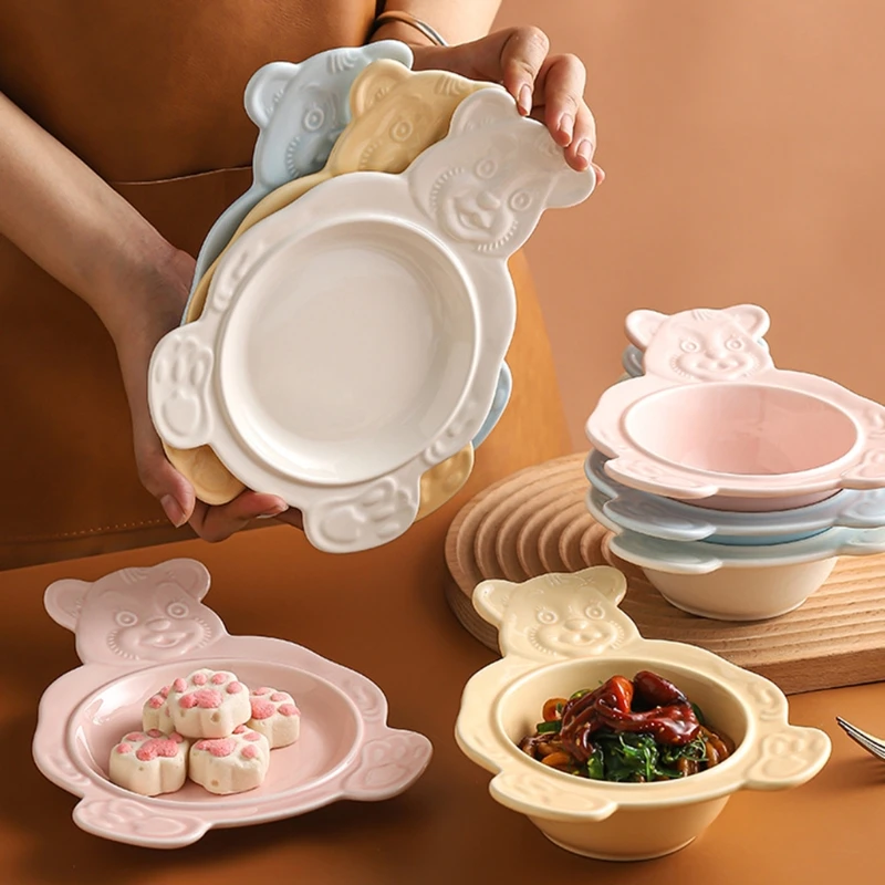 

Новинка 2021, тарелка для сладостей, милая мультяшная медведь, зерновая чаша, керамическая тарелка, столовые приборы