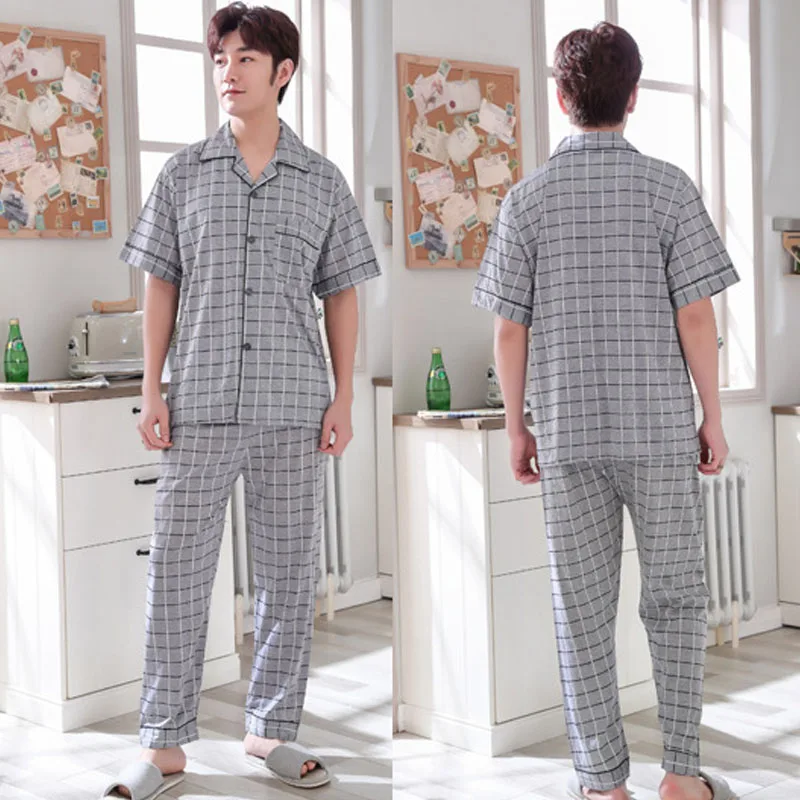 

Pajamas Men's Summer Knitted Short-sleeved Trousers Home Wear Thin Cotton Casual Large Size Mens Pajama Set Luxury Men Clothing