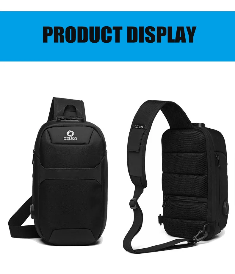 OZUKO Men's Messenger Bag Antitheft Waterproof USB Recharging Shoulder Crossbody Bags Chest Pack Male Sling Bag for Short Trip