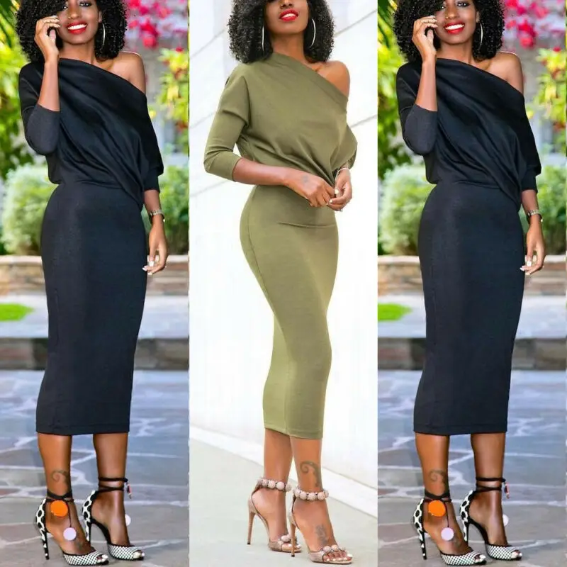 2020 Newest Hot Women's Casual Long Sleeve Off Shoulder Pencil Dress Bandage Bodycon Evening Party Solid Black Green | Женская