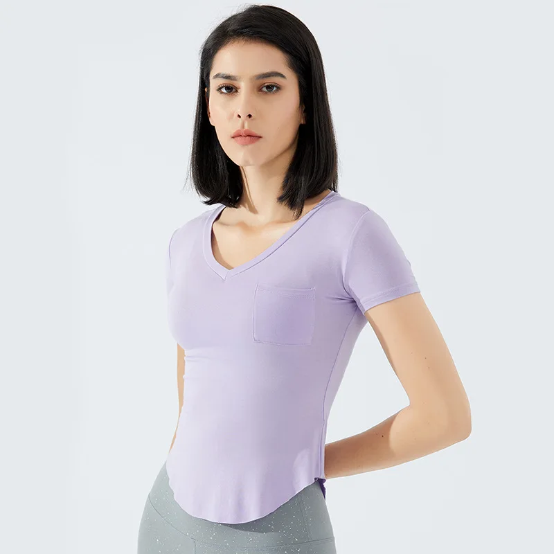 

CHRLEISURE T-Shirt New Spring and Summer Pocket V-Neck Slim Sports T-Shirt Women's Tight Stretch Women Blouse