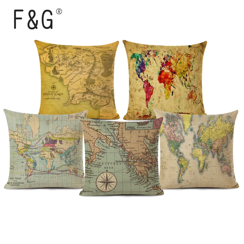 Акварель Винтаж Стиль карта Наволочка на подушку мир Подушка с изображением
