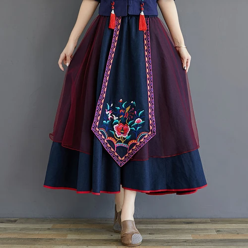 

2020 Spring Chinese Style Embroidery Ankle-length Maxi Skirt Mesh High Waist Long Red Skirts Asymmetrical Skirt Women