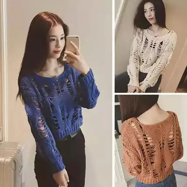

Fashion new knitted spring and autumn long sleeve short cut hollow round neck bottomed loose sweater women's new