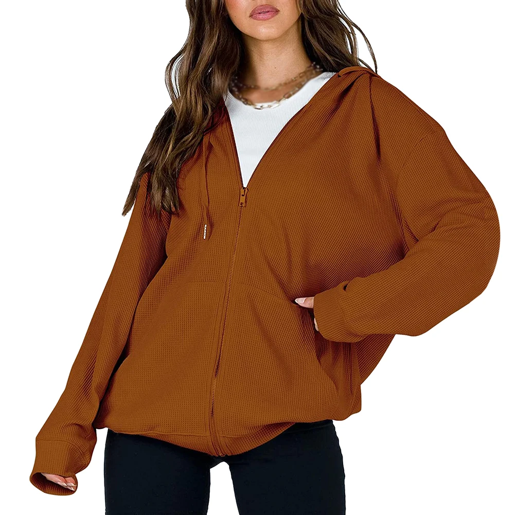 

Autumn Winter Simple New Solid Color Zip-Up Hooded Casual Long Sleeve Women Coat