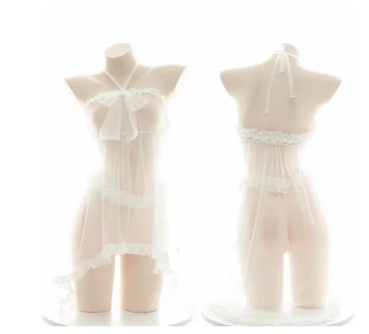

NEW Nightdress Halter Neck Semi-permeable Homewear Pajamas Maid Outfit Solid Color Sexy Nets Yarn V-neck Hollow Out Sleeveless