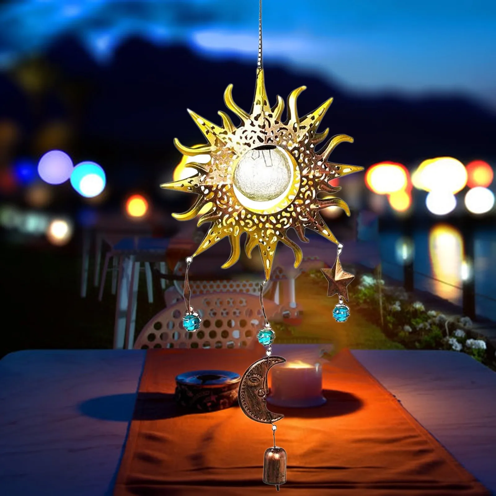 

Hanging Solar Wind Chime Lamp Outdoor Sun Moon Star Led Pendant Light Crackle Glass Ball Solar Powered Lamp Decorative Garden