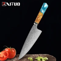 xituo 8 inch japanese damascus steel chef knife classic blue resin octagonal precious sushi sashimi butcher knife kitchen knives