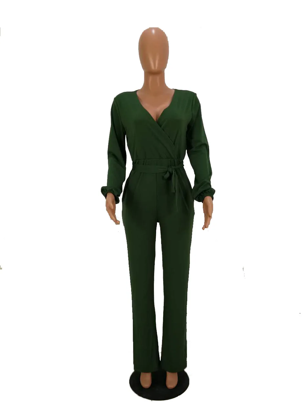 

Solid Color Elegant Rompers Womens Jumpsuit Deep V Neck Long Sleeve Straight Bodysuits Office Lady Sashes Slim Wide Leg Playsuit