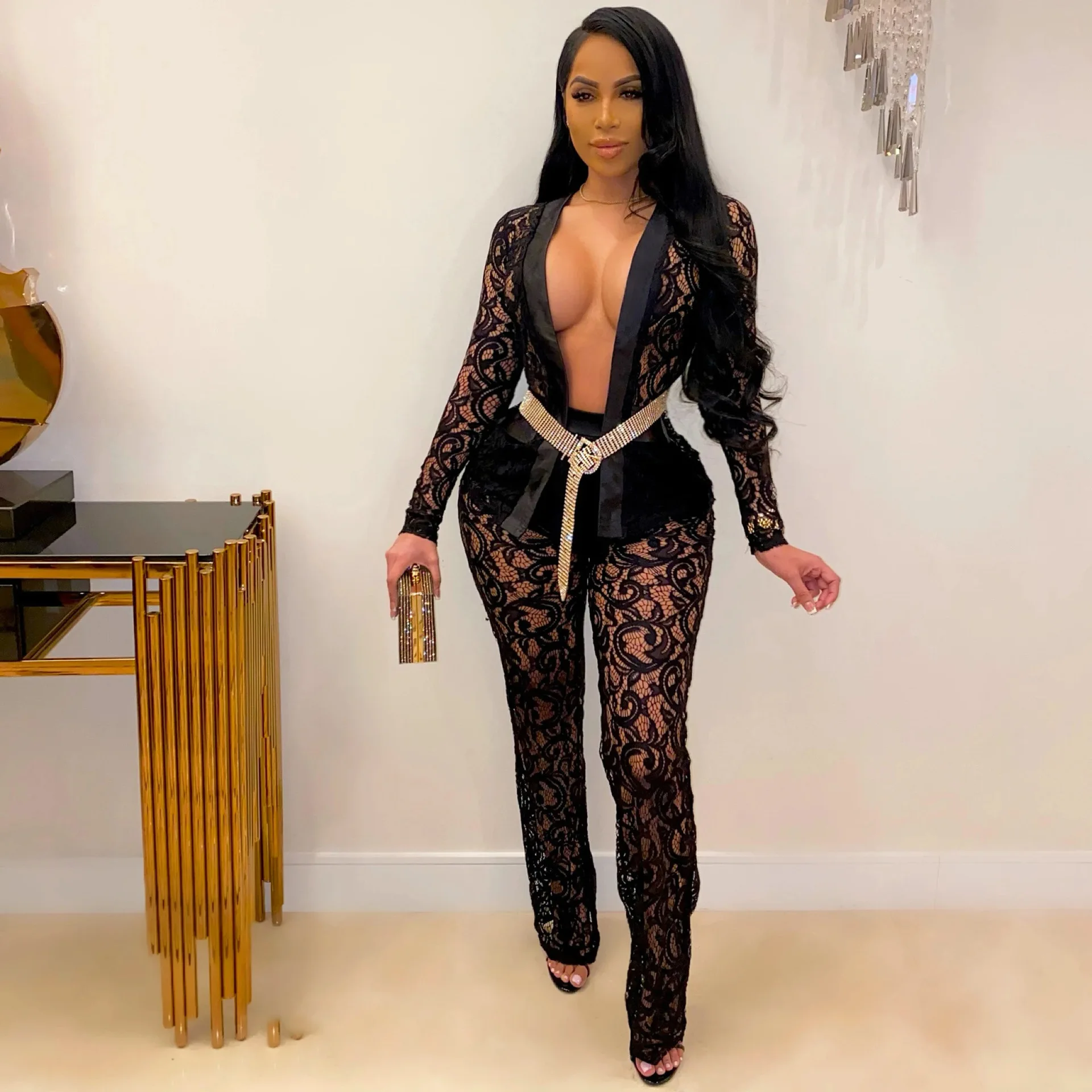 

Sexy 2 Piece Set Women Long Sleeve Outfits Patchwork Lace Hollow Out Outfit Nightclub Party Wear Sets Wholesale Dropshipping