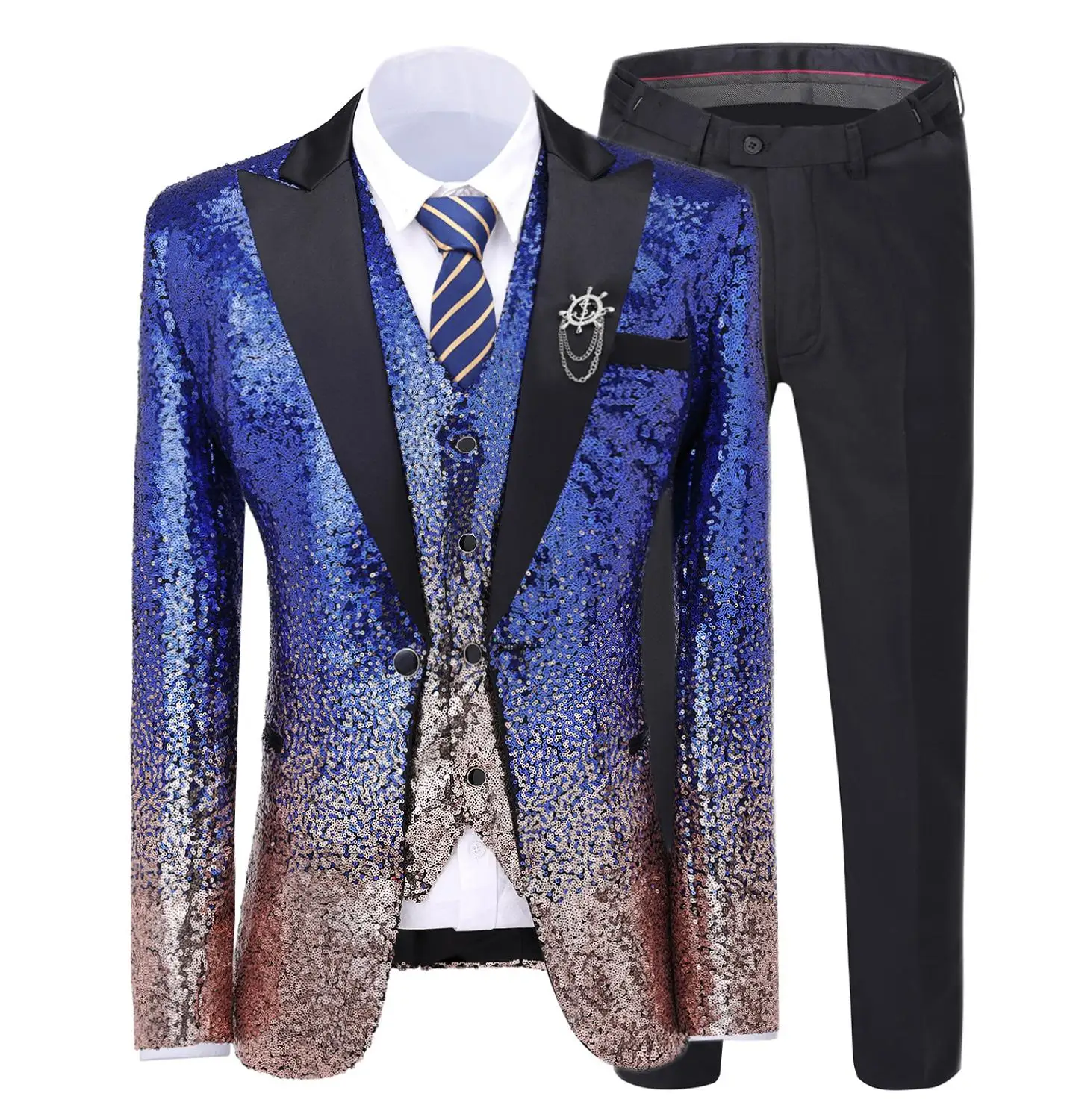 Royal Blue Men's Suit Gradually Changing Color Sequin Blazer Peak Notch Lapel Tuxedo For Wedding Party Groom (Blazer+Vest+pants) notch collar pleated panel blazer
