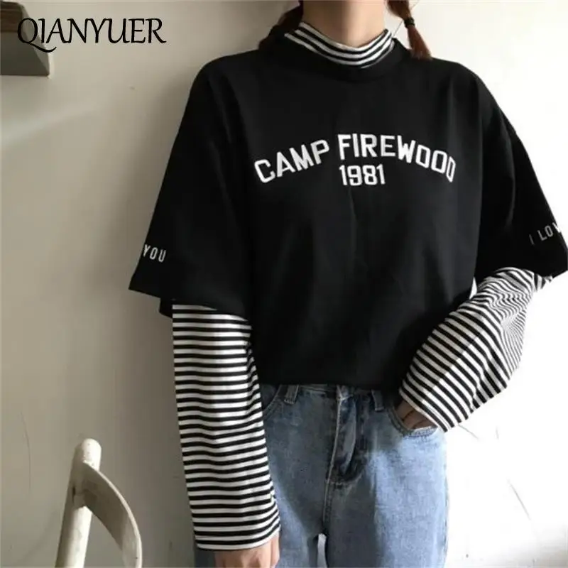 Женские футболки Туника кавайная Женская винтажная полосатая футболка с длинным