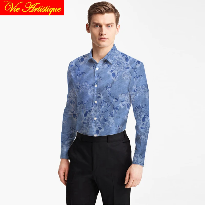 

Мужские рубашки на заказ из хлопка с цветочным принтом на заказ, деловая формальная свадебная одежда, блуза с голубым принтом, слабый жаккар...