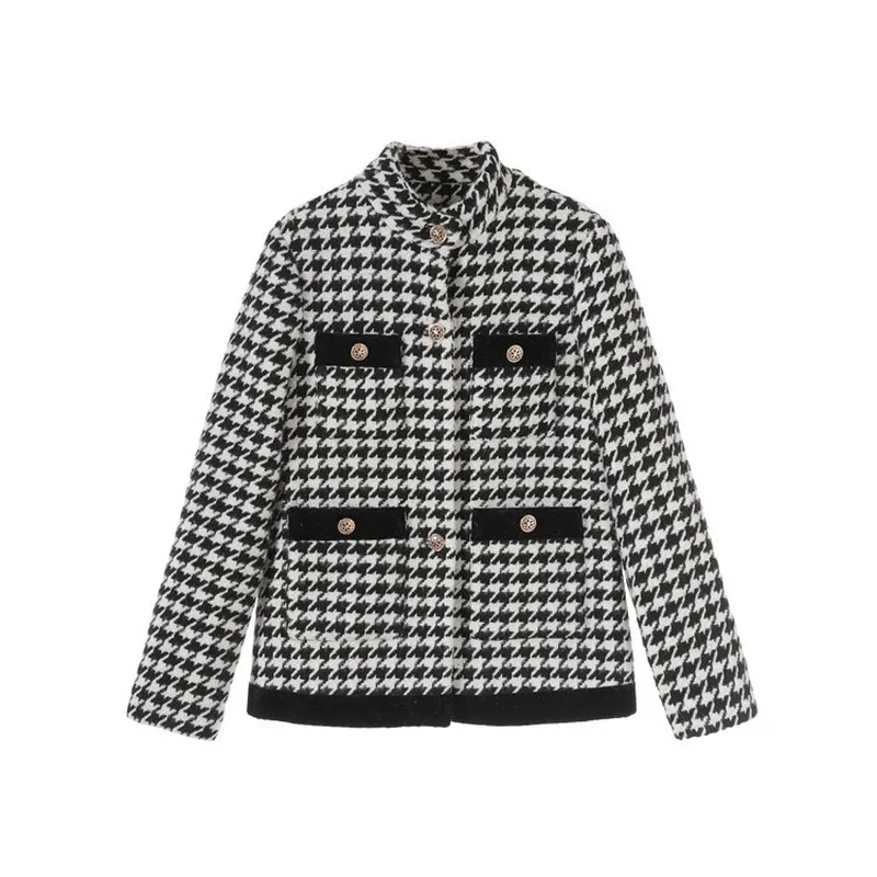 Ретро Женская твидовая куртка в ломаную клетку 2019 зимнее однобортное твидовое