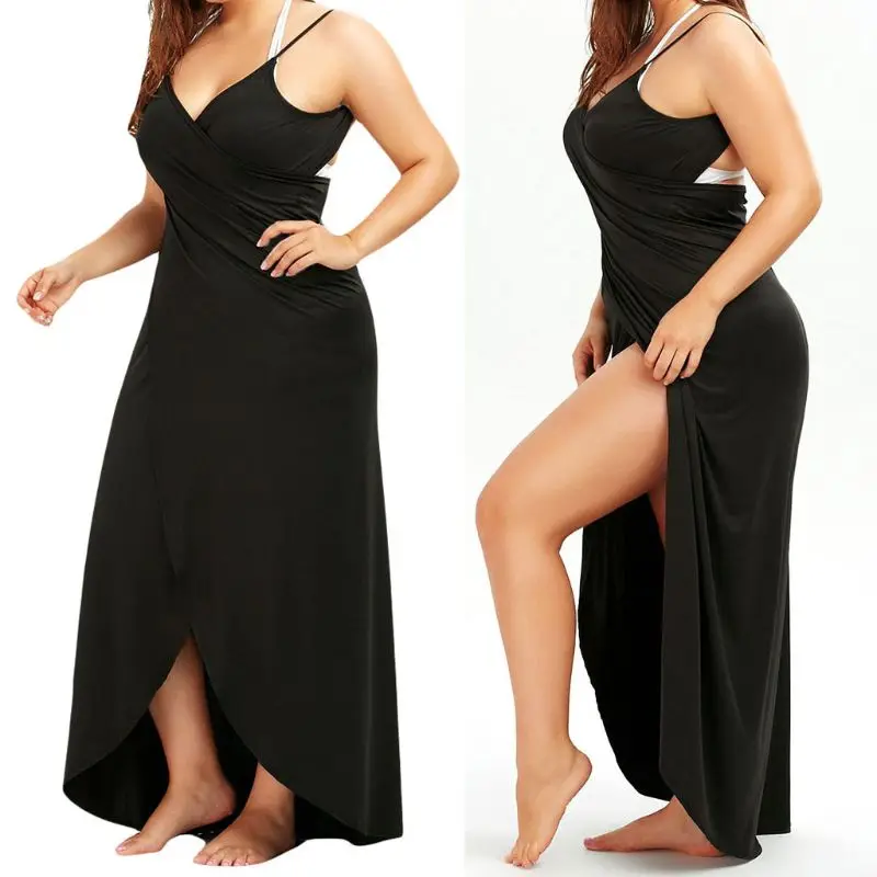 

Womens Plus Size Summer Adjustable Spaghetti Straps Swimsuit Cover Up Solid Color Beach Party Backless Wrap Long Dress S-5XL