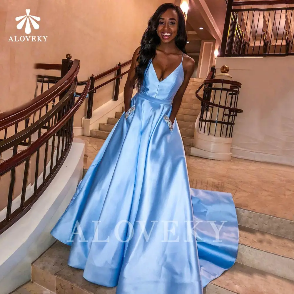 

Sky Blue Satin Women's Evening Dress 2021 Spaghetti Straps A-Line V-neck Long Party Dress Elegant Dresses for Women Night Formal