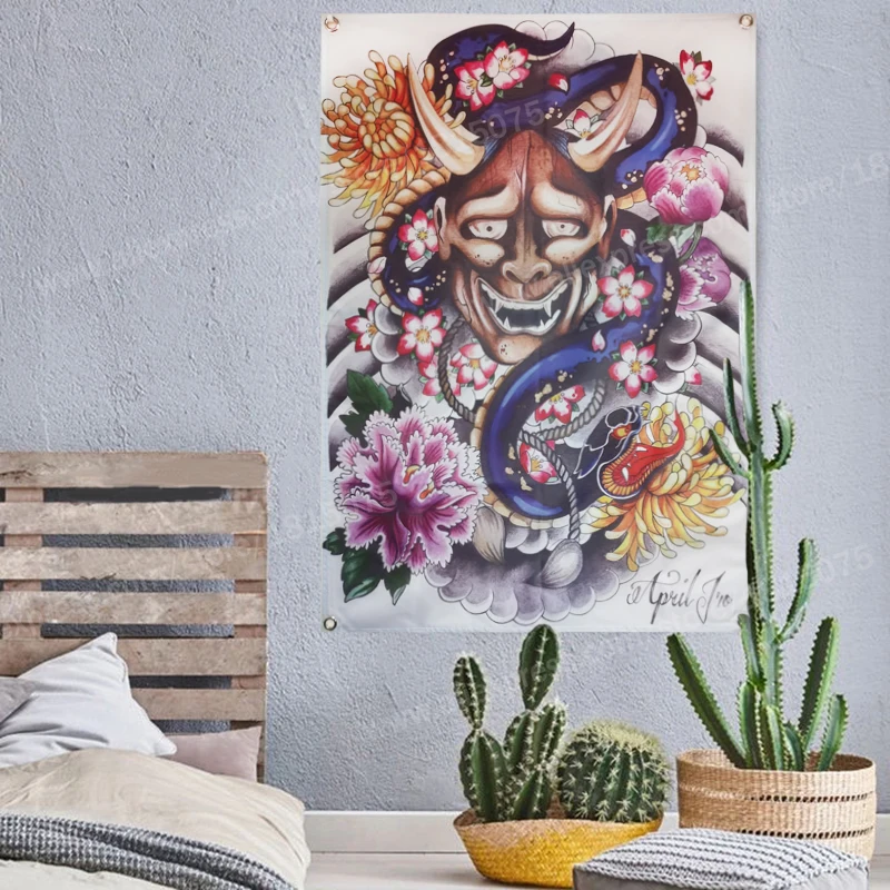 Цветок череп Японский тату плакат флаг женский подвесной 4 люверса в углах 3*5