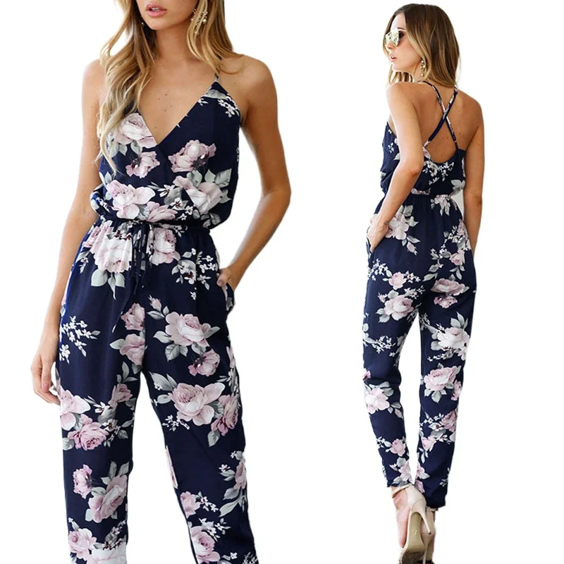 

Женский комбинезон с V-образным вырезом, длинные брюки с высокой талией и цветочным принтом