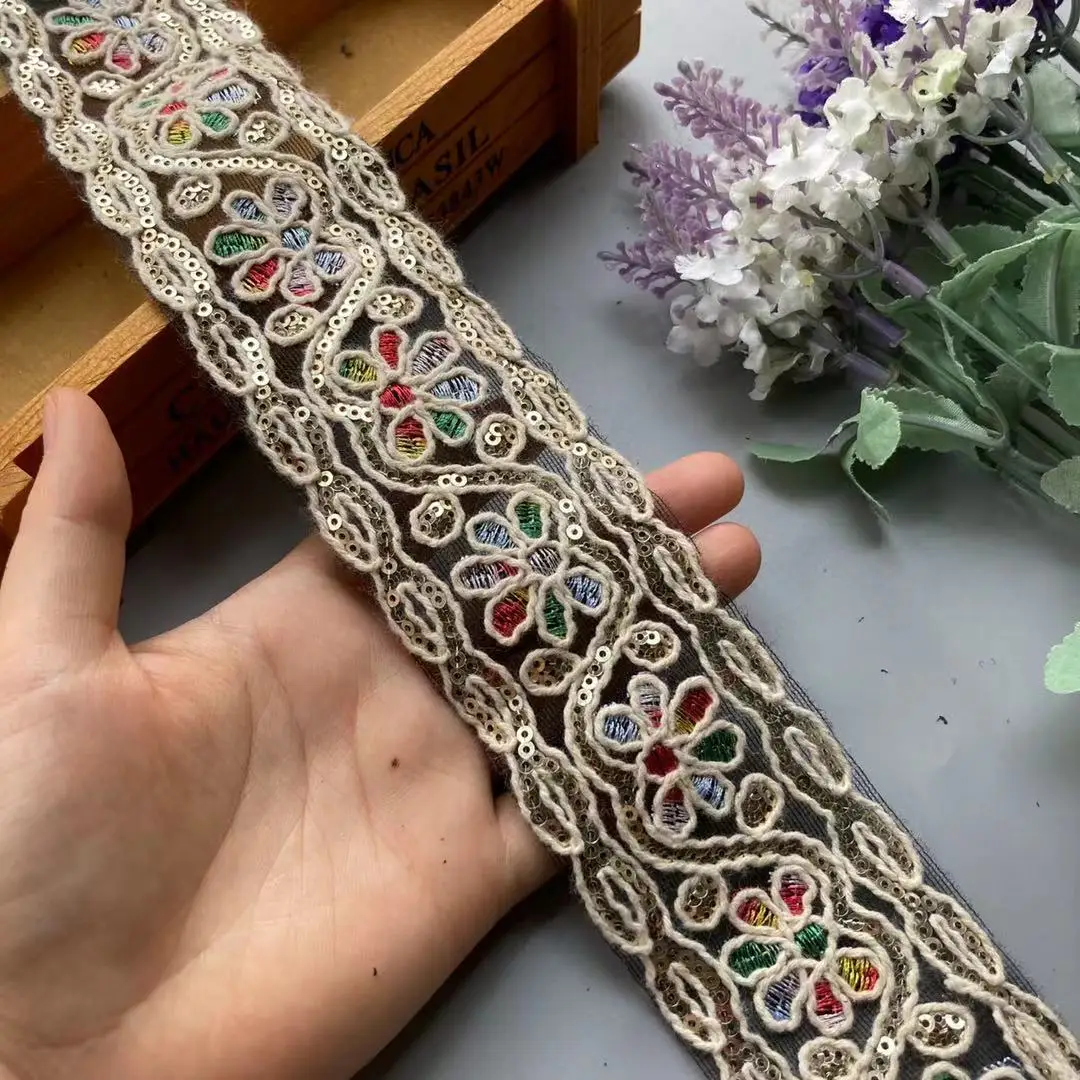

2 Yards Ethnic White Multicolor Thread Sequins African Lace Trims Geometric Lace Ribbon DIY Sewing Dress Decoration Bridal New