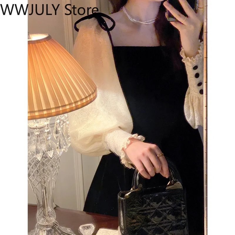 2022 Spring Black Velvet Dress Women Square Collar Vintage One Piece Dress Korean Office Lady Elegant Midi Dress Party Evening