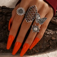 huatang 4pcsset boho butterfly sun figure rings sets for women vintage silver color hollow geometric joint rings jewelry 17325