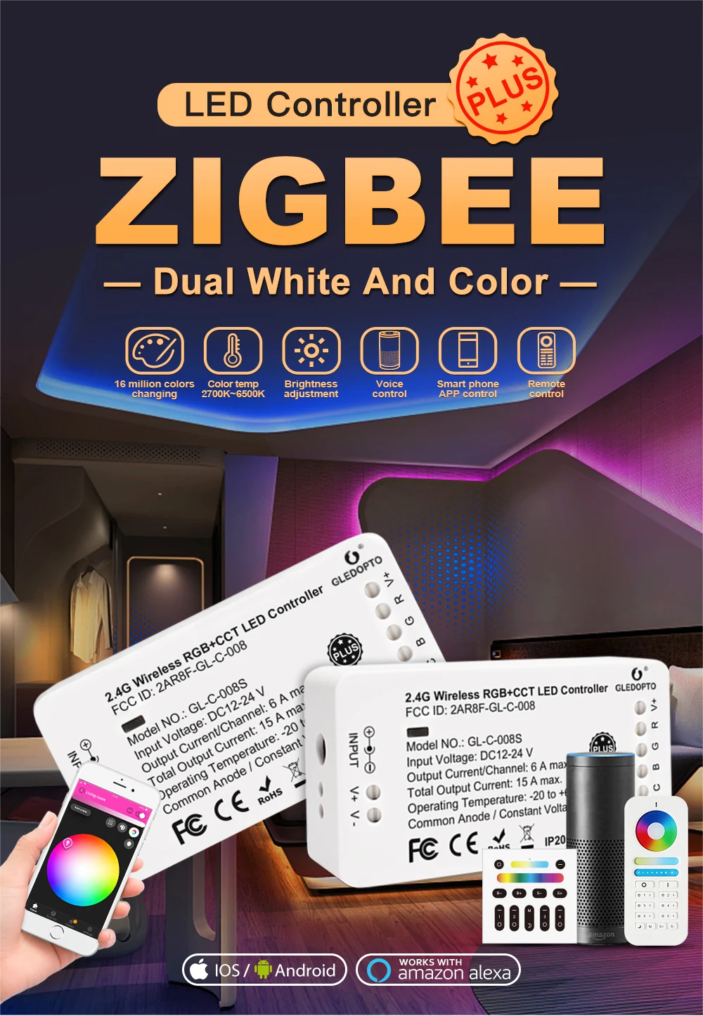 Zigbee RGBCCT светодиодный пульт управления плюс пульт дистанционного управления интеллектуальным приложением RGBWW DC 24V 12V led полосы управления Лер работает с Zigbee 3,0 шлюз