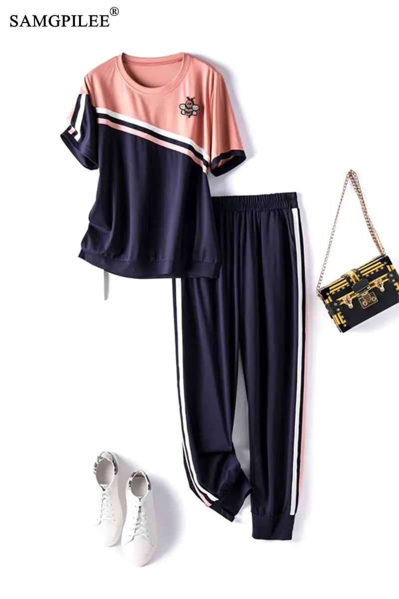 

Summer Two Piece Sets For Women 2021 New Fashion Patchwork Casual Hit Color Beaded 2 Pcs Woman Sport Suits Plus Size 4XL