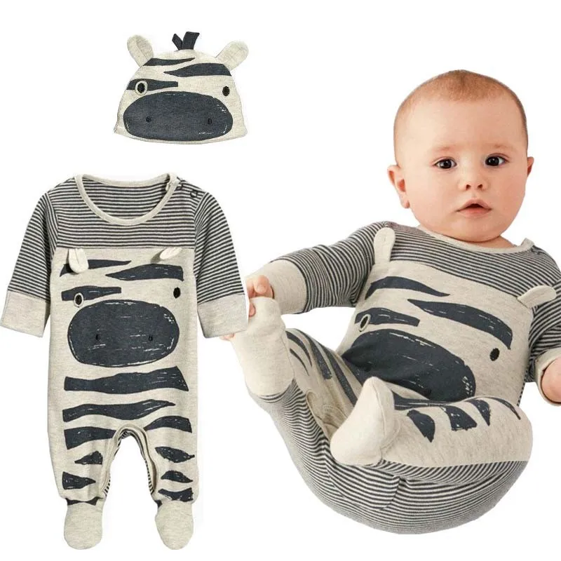 2021 Autumn New Fashion Baby Boy Clothes Set Cows Cute Gray Striped Rompers+Hat 2Pcs Newborn Clothing |