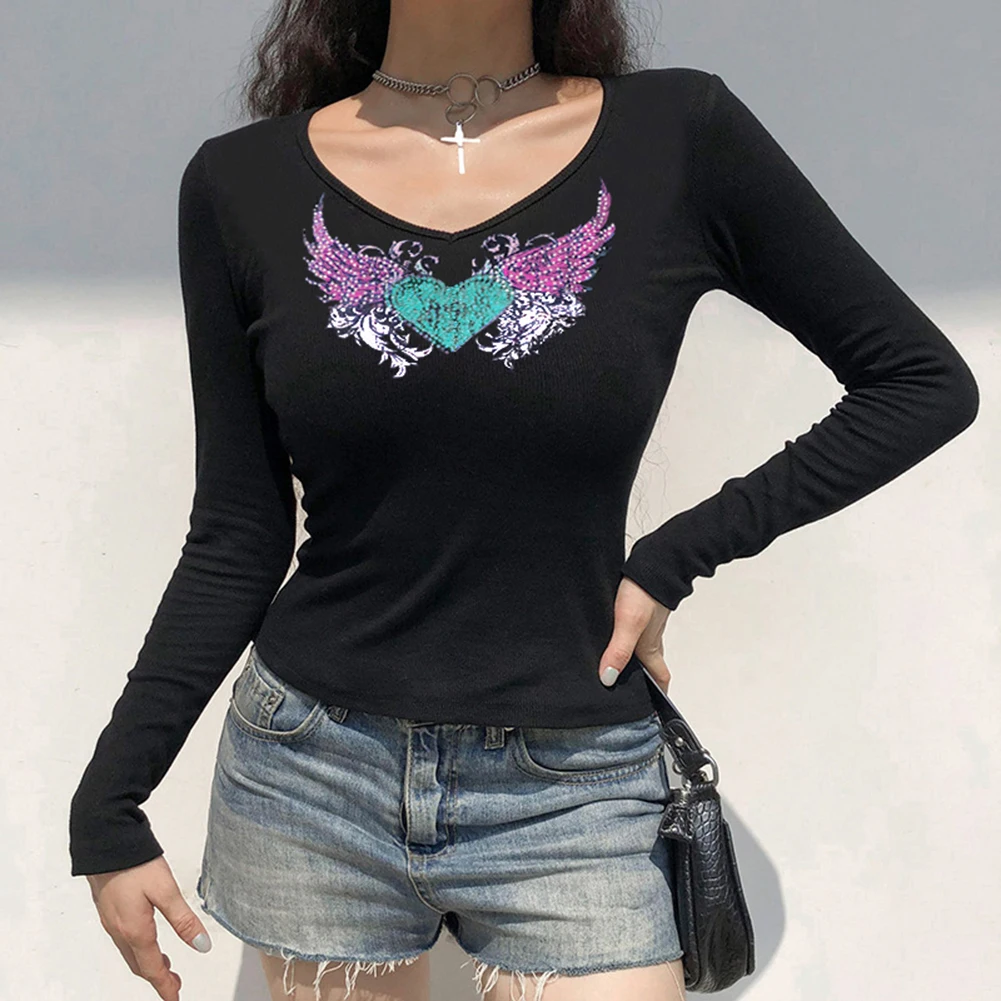 

Y2K Женская Повседневная футболка с длинным рукавом и V-образным вырезом