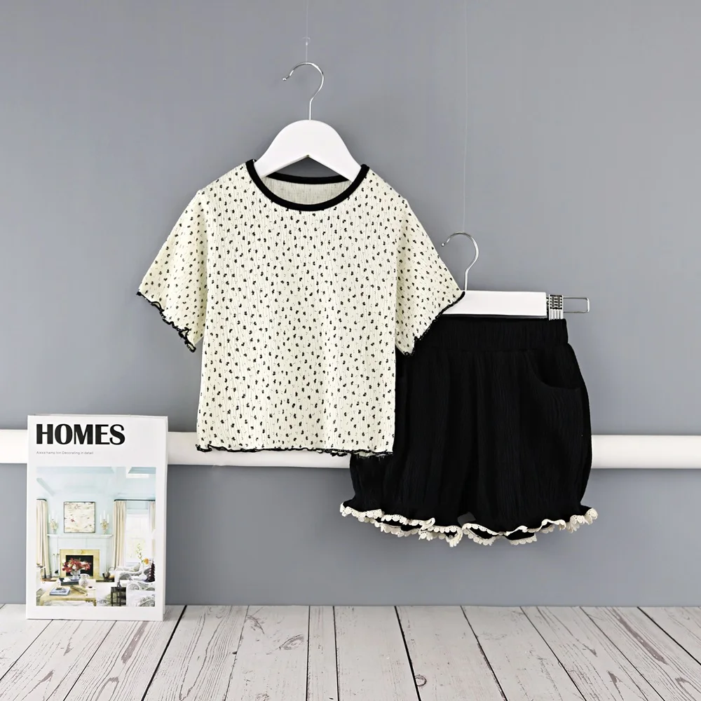 

Midoo Fairy 2021 Summer Girls Kids Children's Set Cute Print O-Neck Top T-Shirt + Ruffles Lantern Short Casual Clothes