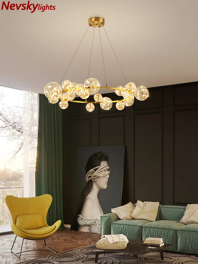 

Минималистичная люстра, светодиодный светильник из латуни для гостиной, спальни, потолочный светильник со стеклянными шариками, Кухонное о...