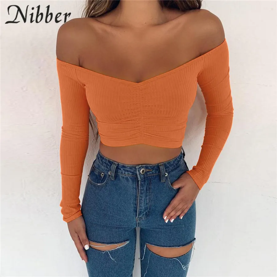 Nibber элегантные топы с открытыми плечами для женщин осень черный красный стрейч тонкая футболка Топ Модные вечерние повседневные футболки mujer