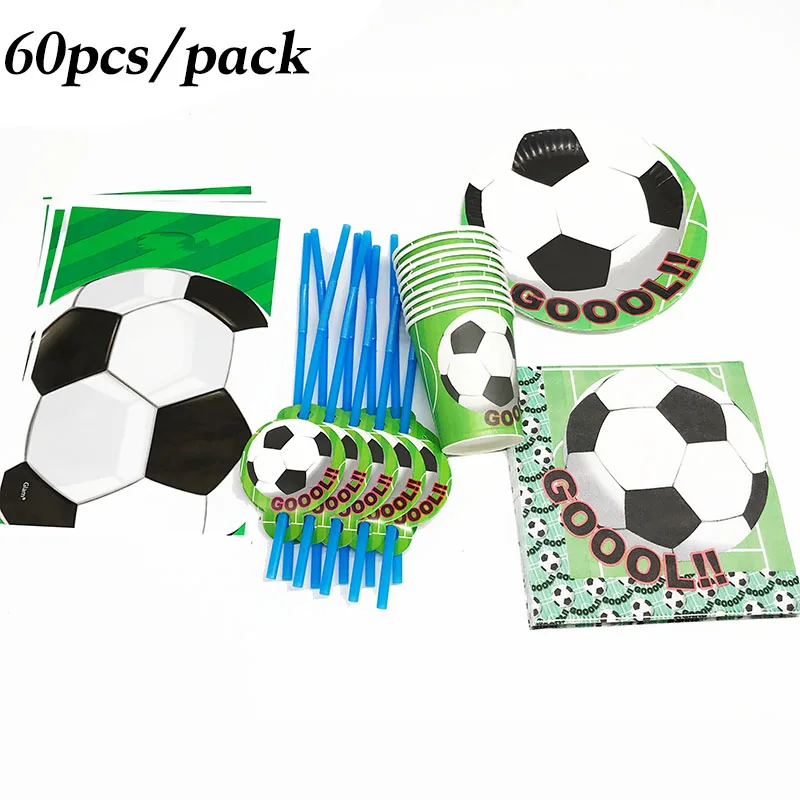 

60Pcs Green Football Theme Birthday Party Decorations Disposable Napkins Plates Straws Gift Bags Sport Kid's Favorite Decor