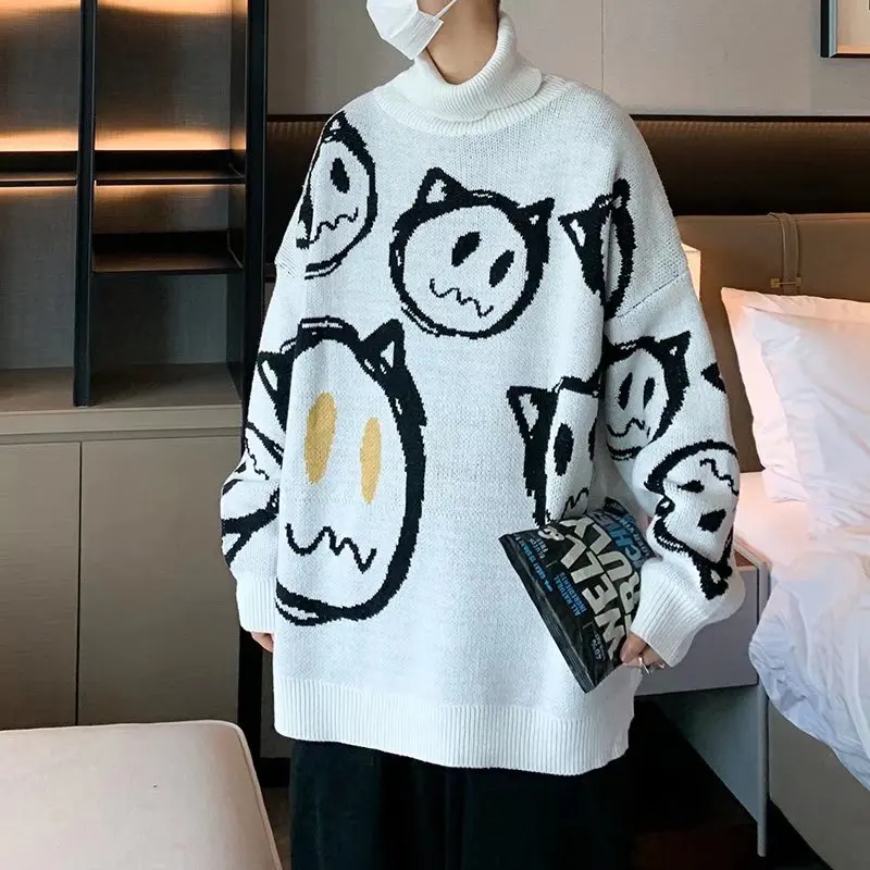 

Водолазка мужская в японском стиле, Зимний вязаный свитер с аниме мультяшным принтом, корейская мода, уличная одежда в стиле Харадзюку, пуло...