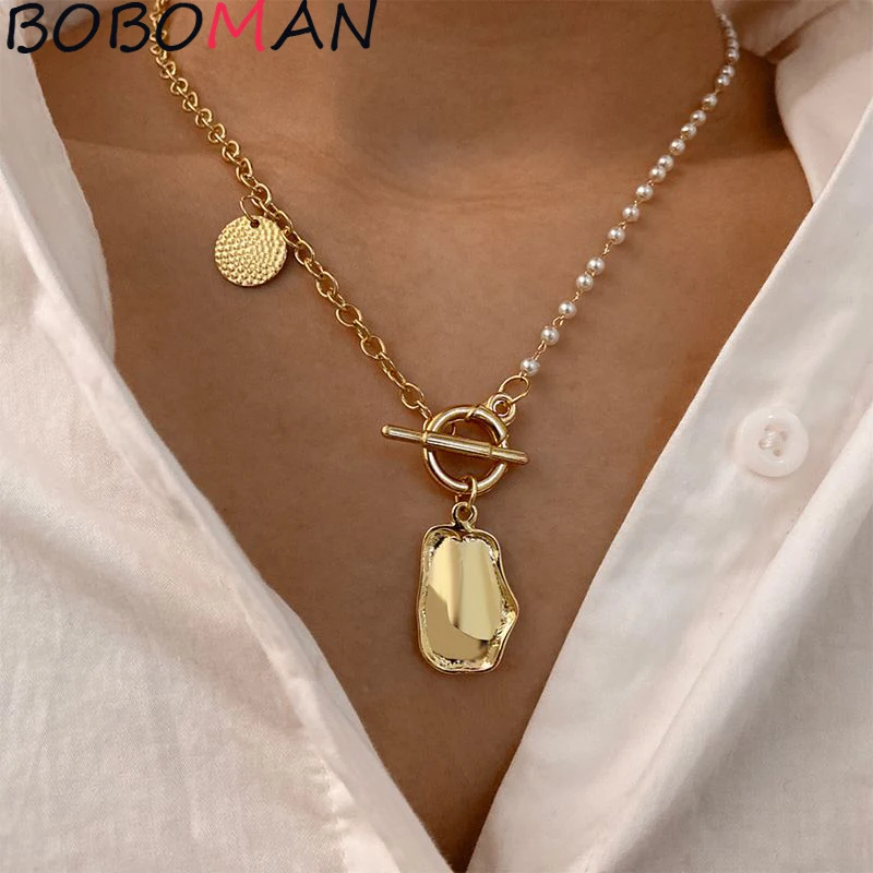 

Vintage Baroque Irregular Pearl Lock Chains Necklace 2021Geometric Aangel Pendant Love Necklaces for Women Punk Jewelry