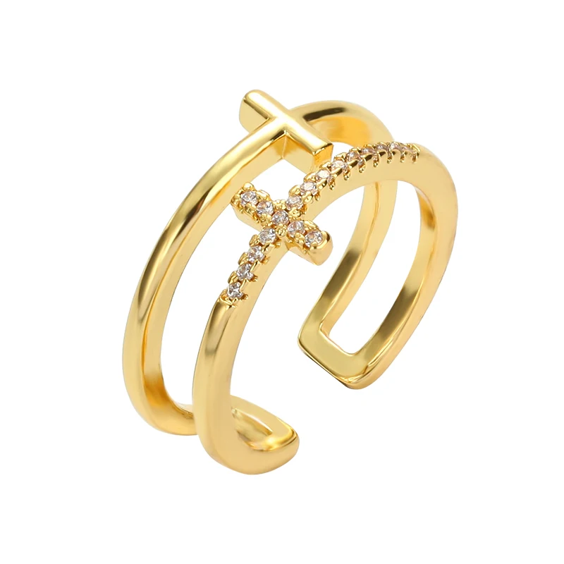 

Women's gold cz rings Cross copper zircon open adjustable rings initial Jewery Engagement wedding rings for women religion