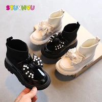 black leather children casual shoes for girls martin boots pearl bow fashion boots kids school shoes soft comfortable booties
