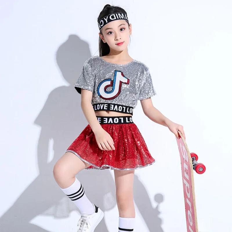 

Kids Jazz Dance Costumes for Girl Hiphop Set for Girl Stage Performance Cheerleader Costumes Holographic Sequin Top+Skirt Set