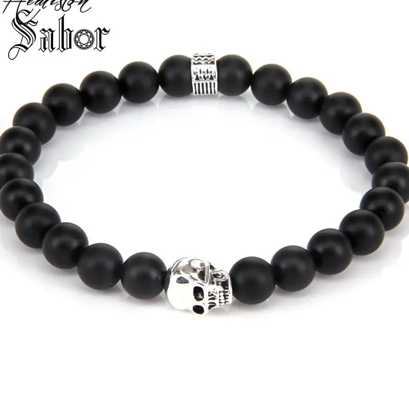 Черный обсидиан и бусины в виде черепа иероглифический орнамент эластичный